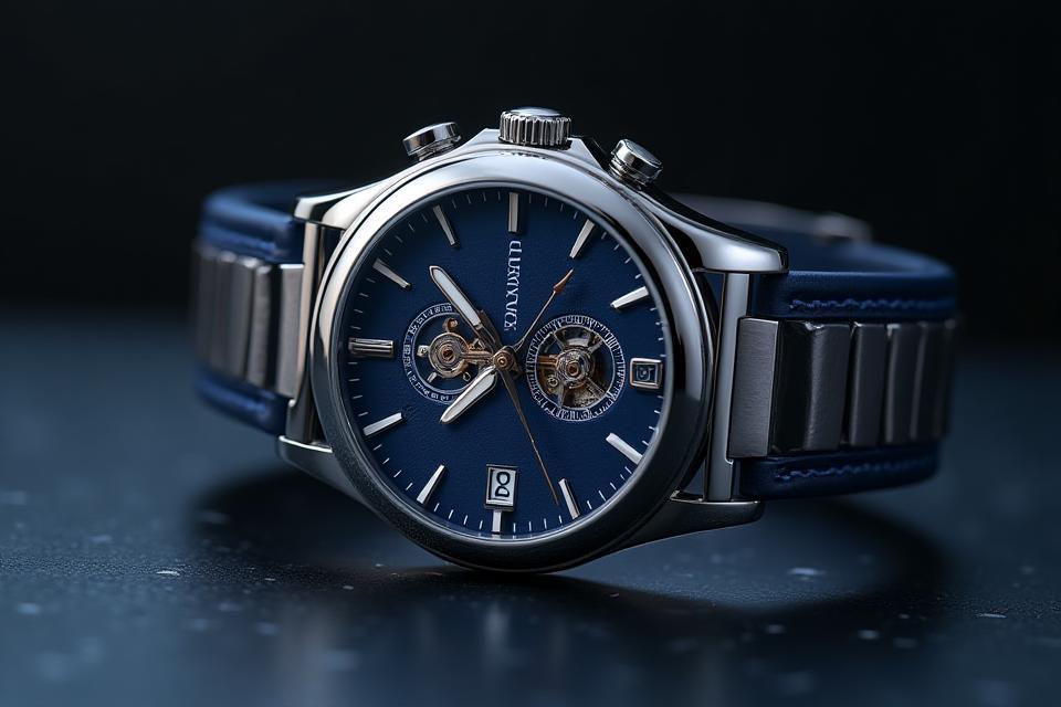 Chronos Collection watch with blue dial and intricate mechanics