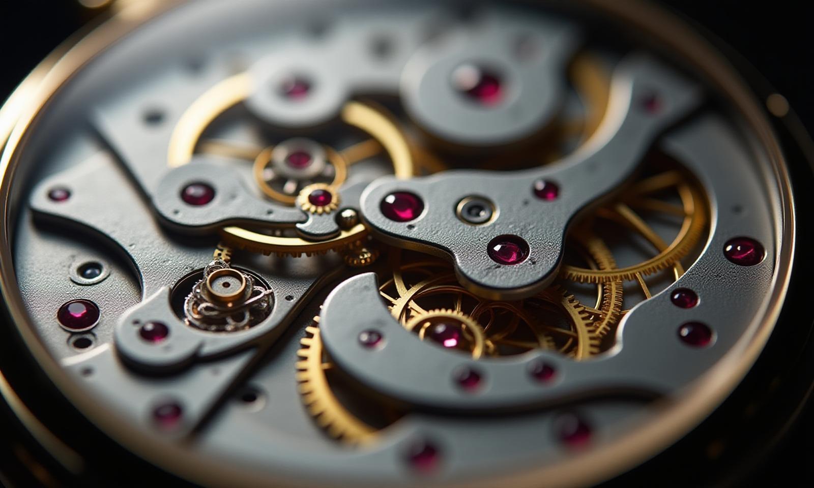 Extreme close-up of a finely crafted mechanical watch movement